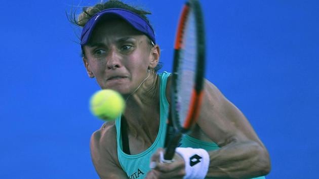 Lesia Tsurenko returns the ball to Daria Gavrilova (out of frame), during their Mexico WTA Open tennis tournament. (AFP) Lesia Tsurenko returns the ball to Daria Gavrilova (out of frame), during their Mexico WTA Open tennis tournament. (AFP)