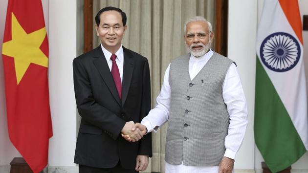 Prime Minister Narendra Modi shakes hands with Vietnamese President Tran Dai Quang, before their delegation level meeting in New Delhi on Saturday. (AP Photo) Prime Minister Narendra Modi shakes hands with Vietnamese President Tran Dai Quang, before their delegation level meeting in New Delhi on Saturday. (AP Photo)
