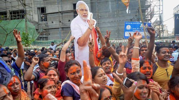 BJP supporters hold up a placard of Prime Minister Narendra Modi after party's victory in Tripura assembly election in Agartala on Saturday. (PTI) BJP supporters hold up a placard of Prime Minister Narendra Modi after party's victory in Tripura assembly election in Agartala on Saturday. (PTI)