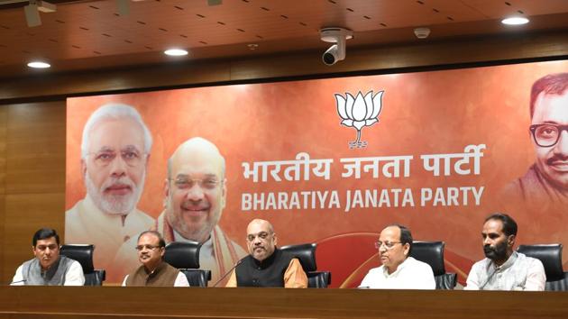 BJP Chief Amit Shah addressing media after their victory in North Eastern States Elections at BJP Headquarters, DDU Marg in New Delhi, India, on Saturday, March 03, 2018.(HT Photo)