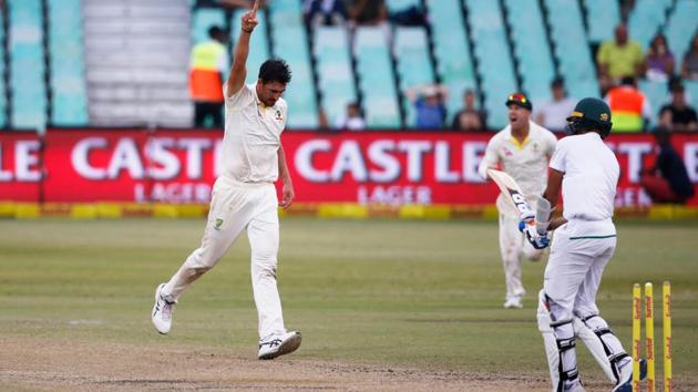 Australia bowler Mitchell Starc (L) celebrates taking the wicket of South Africa's Keshav Maharaj during the fourth day of the first Test cricket match between South Africa and Australia at The Kingsmead Stadium in Durban on March 4, 2018. (AFP) Australia bowler Mitchell Starc (L) celebrates taking the wicket of South Africa's Keshav Maharaj during the fourth day of the first Test cricket match between South Africa and Australia at The Kingsmead Stadium in Durban on March 4, 2018. (AFP)