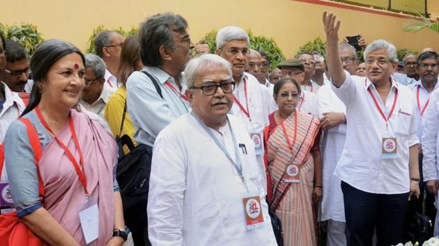 (From left) CPI(M) leaders Brinda Karat, Biman Bose and Prakash Karat, with party general secretary Sitaram Yechury, at the inauguration of 25th West Bengal conference in Kolkata Monday. (PTI Photo) (From left) CPI(M) leaders Brinda Karat, Biman Bose and Prakash Karat, with party general secretary Sitaram Yechury, at the inauguration of 25th West Bengal conference in Kolkata Monday. (PTI Photo)
