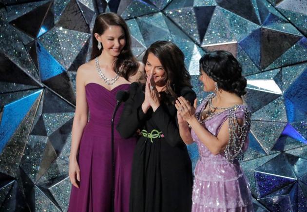 Ashley Judd, Annabella Sciorra and Salma Hayek at the 90th Academy Awards.(REUTERS) Ashley Judd, Annabella Sciorra and Salma Hayek at the 90th Academy Awards.(REUTERS)