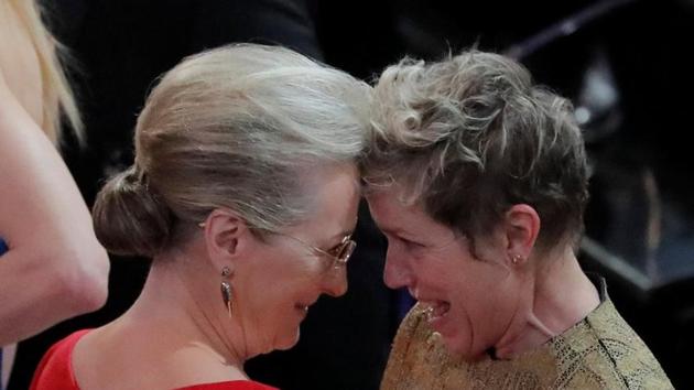 Meryl Streep (left) congratulates Frances McDormand on winning the Best Actress Oscar for Three Billboards Outside Ebbing, Missouri, Hollywood, California(REUTERS) Meryl Streep (left) congratulates Frances McDormand on winning the Best Actress Oscar for Three Billboards Outside Ebbing, Missouri, Hollywood, California(REUTERS)