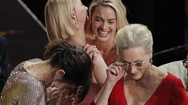 Sally Hawkins, Saoirse Ronan, Margot Robbie and Meryl Streep react after Frances McDormand's Best Actress acceptance speech.(REUTERS)