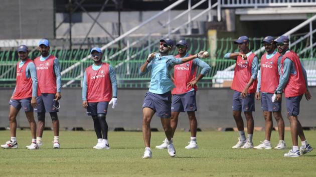 India's Axar Patel, center, participates in a practice session ahead of the tri-nation T20 cricket series in Colombo. (AP) India's Axar Patel, center, participates in a practice session ahead of the tri-nation T20 cricket series in Colombo. (AP)