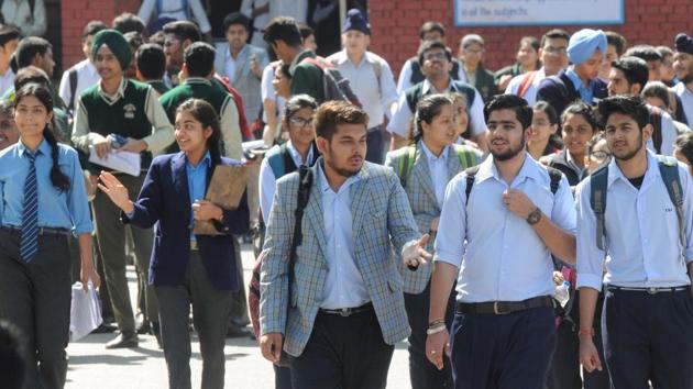 Students coming out from the exam centre at Government Model Senior Secondary School, Sector 16 Chandigarh after completing their first paper, English, on Monday. (Karun Sharma/HT) Students coming out from the exam centre at Government Model Senior Secondary School, Sector 16 Chandigarh after completing their first paper, English, on Monday. (Karun Sharma/HT)