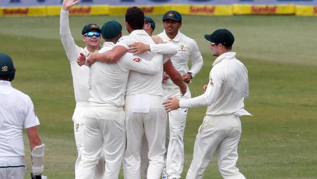 Australia celebrate beating South Africa in the first Test match at Kingsmead in Durban on Monday. (Reuters) Australia celebrate beating South Africa in the first Test match at Kingsmead in Durban on Monday. (Reuters)