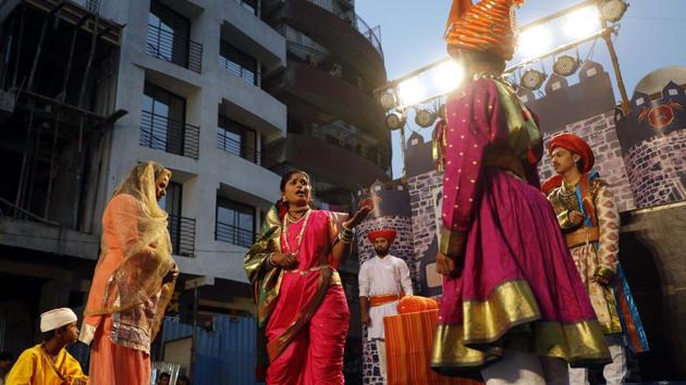 A play performed on the occasion of Shiv Jayanthi, celebrated according to the Marathi calendar, at Nana peth on Sunday. (rahul raut/ht photo) 