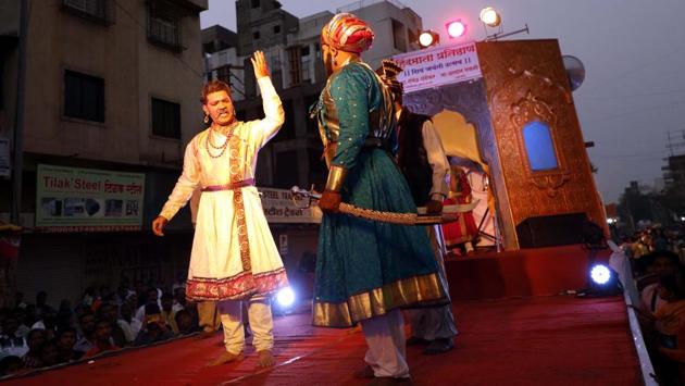 Play depicting the life of Shivaji Maharaj performed on the occasion of Shiv Jayanthi, celebrated according to the Marathi calendar, at Nana peth on Sunday. (rahul raut/ht photo) 