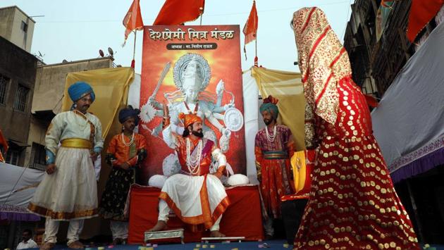 A play performed on the occasion of Shiv Jayanthi, celebrated according to the Marathi calendar, at Nana peth on Sunday. (rahul raut/ht photo) 