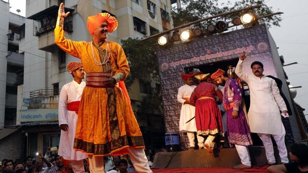 A play performed on the occasion of Shiv Jayanthi, celebrated according to the Marathi calendar, at Nana peth on Sunday. (Rahul Raut/ht photo) 