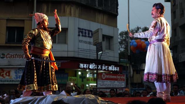 A play being performed on the occasion of Shiv Jayanthi, celebrated according to the Marathi calendar, at Nana peth on Sunday. (rahul raut/ht photo) 