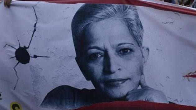 A banner with journalist Gauri Lankesh’s photo during a protest march in New Delhi last year. (Mohd Zakir/HT File Photo) A banner with journalist Gauri Lankesh’s photo during a protest march in New Delhi last year. (Mohd Zakir/HT File Photo)