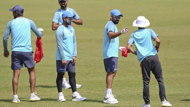 India's captain Rohit Sharma, second right, gestures to a teammate during a training session ahead of the tri-nation T20 cricket series in Colombo. (AP) India's captain Rohit Sharma, second right, gestures to a teammate during a training session ahead of the tri-nation T20 cricket series in Colombo. (AP)