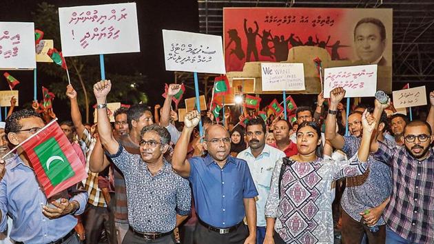 In February 2012, Mohamed Nasheed, Maldives’ first democratically elected President, was forced to resign by police and army officers in what he said amounted to a coup. His ouster followed protests against his order to arrest a top judge. (AP) In February 2012, Mohamed Nasheed, Maldives’ first democratically elected President, was forced to resign by police and army officers in what he said amounted to a coup. His ouster followed protests against his order to arrest a top judge. (AP)