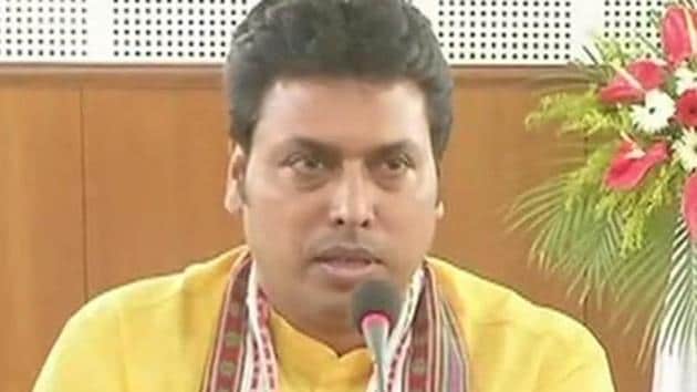 Biplab Deb, who won for the first time from Banamalipur constituency with a margin of 9,549 votes, addresses a press meet on Tuesday.(ANI)