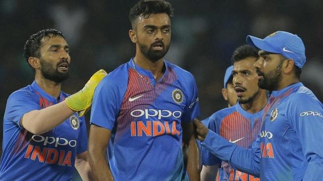 India's Jaydev Unadkat, second left, is congratulated by his teammates after the dismissal of Sri Lanka's Danushka Gunathilaka. (AP) India's Jaydev Unadkat, second left, is congratulated by his teammates after the dismissal of Sri Lanka's Danushka Gunathilaka. (AP)