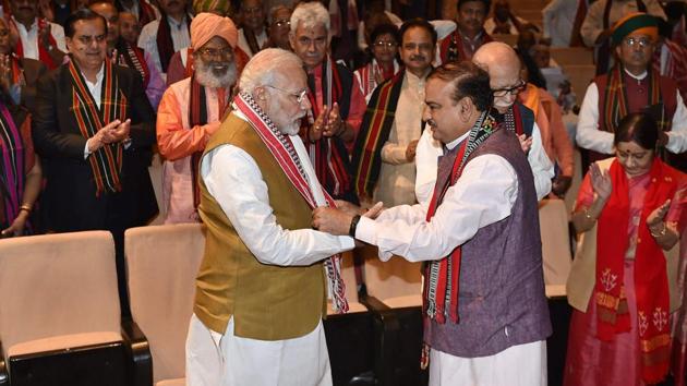 Prime Minister Narendra Modi being felicitated by parliamentary affairs minister Ananth Kumar as BJP leaders look on, at BJP Parliamentary Party Meeting in New Delhi on Tuesday. (PTI Photo) Prime Minister Narendra Modi being felicitated by parliamentary affairs minister Ananth Kumar as BJP leaders look on, at BJP Parliamentary Party Meeting in New Delhi on Tuesday. (PTI Photo)