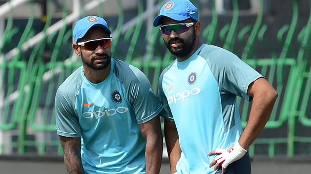 Indian cricket team captain Rohit Sharma (R) and Shikhar Dhawan during a training session at the R Premadasa Stadium in Colombo on Monday. The Nidahas Trophy tri-nation T20 tournament involving Sri Lanka cricket team, Bangladesh cricket team and India starts in Colombo on Tuesday. (AFP) Indian cricket team captain Rohit Sharma (R) and Shikhar Dhawan during a training session at the R Premadasa Stadium in Colombo on Monday. The Nidahas Trophy tri-nation T20 tournament involving Sri Lanka cricket team, Bangladesh cricket team and India starts in Colombo on Tuesday. (AFP)