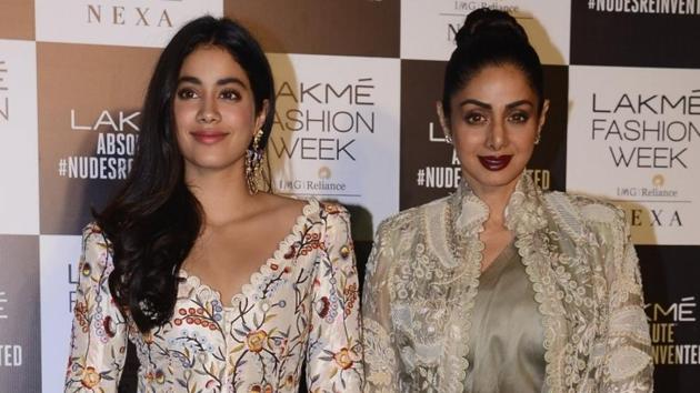 Sridevi with daughter Janhvi Kapoor during the Lakme Fashion Week Summer/Resort 2018 in Mumbai on Feb 4, 2018. Janhvi turned 21 today.(IANS)