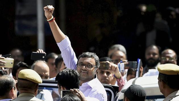 Karti Chidambaram being produced by the CBI at Patiala House Courts in New Delhi on Tuesday. (PTI) Karti Chidambaram being produced by the CBI at Patiala House Courts in New Delhi on Tuesday. (PTI)
