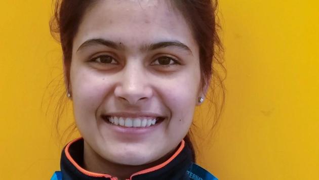 Manu Bhaker celebrates after winning gold in women’s 10m air pistol event at the International Shooting Sport Federation (ISSF) World Cup in Mexico’s Guadalajara on Sunday.(PTI)