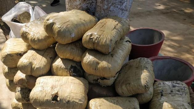 The 56 plastic bags with 163 kg cannabis in Hailey Mandi, Pataudi. (Sourced) The 56 plastic bags with 163 kg cannabis in Hailey Mandi, Pataudi. (Sourced)