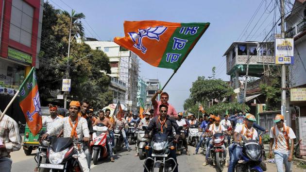 BJP supporters carry out a victory rally after the party won the Tripura Assembly election, in Agartala on Sunday. The party’s latest round of electoral wins has political opponents scrambling to form an anti-BJP front ahead of the 2019 Lok Sabha polls. (PTI File Photo) BJP supporters carry out a victory rally after the party won the Tripura Assembly election, in Agartala on Sunday. The party’s latest round of electoral wins has political opponents scrambling to form an anti-BJP front ahead of the 2019 Lok Sabha polls. (PTI File Photo)