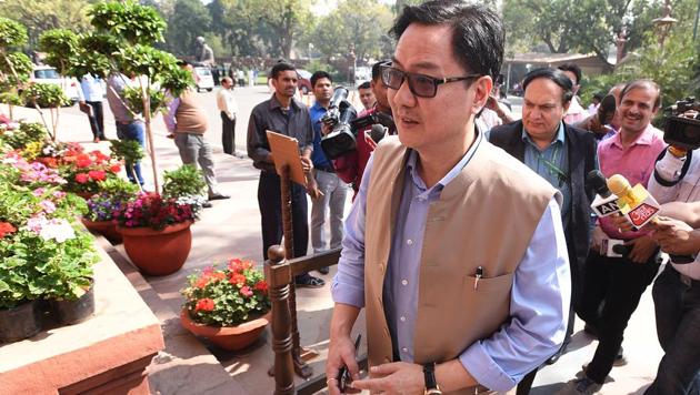 Union minister of state for home Kiren Rijiju at the budget session in New Delhi on Wednesday.(Sonu Mehta/HT Photo)