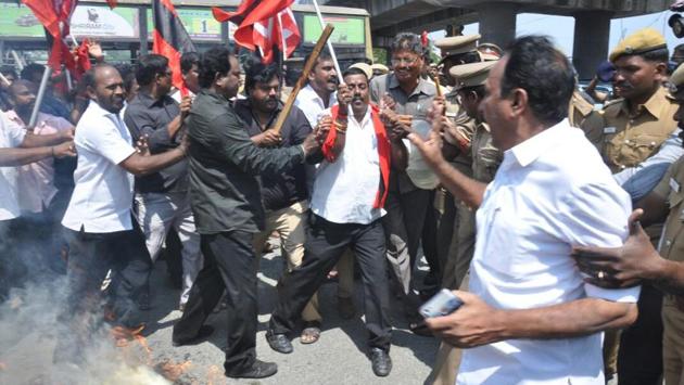 DMK activists protest against H Raja at Mount Road in Chennai on Wednesday. Senior BJP leader from Tamil Nadu H Raja issued an apology for his remarks on social reformer EVR Ramasamy, popularly known as Periyar, on Facebook and said that the comment that sparked a controversy in the state was posted by an administrator without his permission. (Francis Mascarenhas / REUTERS) DMK activists protest against H Raja at Mount Road in Chennai on Wednesday. Senior BJP leader from Tamil Nadu H Raja issued an apology for his remarks on social reformer EVR Ramasamy, popularly known as Periyar, on Facebook and said that the comment that sparked a controversy in the state was posted by an administrator without his permission. (Francis Mascarenhas / REUTERS)