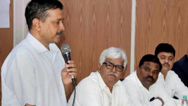 Chief minister Arvind Kejriwal addresses Delhi government staff at his residence in New Delhi on Wednesday. (PTI Photo) Chief minister Arvind Kejriwal addresses Delhi government staff at his residence in New Delhi on Wednesday. (PTI Photo)