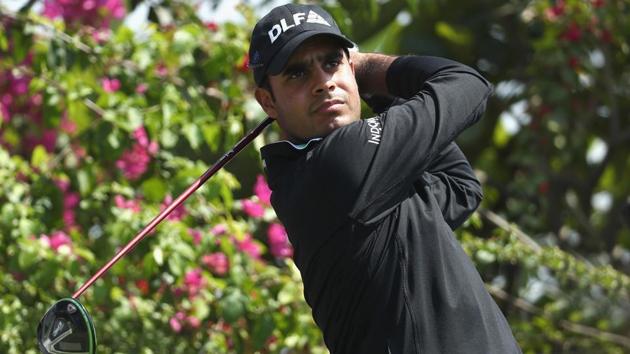 India’s Shubhankar Sharma plays a practice round (at the DLF Golf and Country Club) ahead of the Indian Open golf tournament, starting on Thursday.(Getty Images)