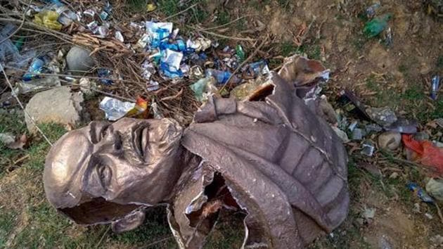 The toppling of Vladimir Lenin’s statue in Tripura on Monday triggered protests in the state, following which there were incidents of vandalism in other states. (PTI Photo) The toppling of Vladimir Lenin’s statue in Tripura on Monday triggered protests in the state, following which there were incidents of vandalism in other states. (PTI Photo)