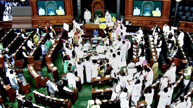 Lok Sabha speaker Sumitra Mahajan adjourns the House as MPs gather near the well of Parliament over various issues, in New Delhi. (PTI Photo) Lok Sabha speaker Sumitra Mahajan adjourns the House as MPs gather near the well of Parliament over various issues, in New Delhi. (PTI Photo)