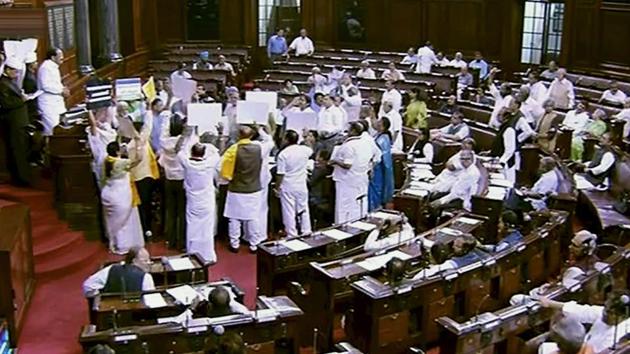 Rajya Sabha chairman Venkaiah Naidu adjourns the House till 2 pm following uproar over various issues in New Delhi on Wednesday.(PTI Photo)
