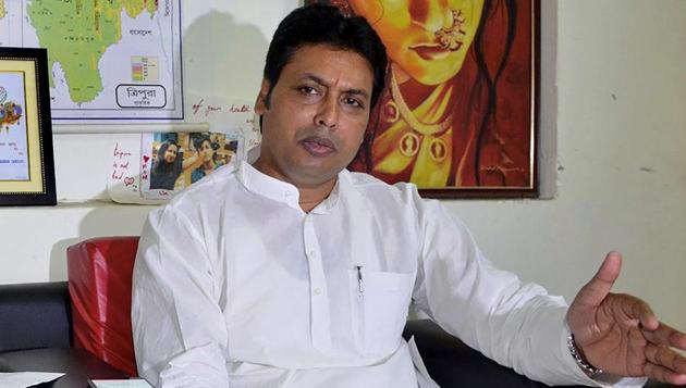 Tripura chief minister-elect Biplab Kumar Deb interacts with media ahead of his swearing-in ceremony on March 9, in Agartala on Wednesday. (PTI Photo) Tripura chief minister-elect Biplab Kumar Deb interacts with media ahead of his swearing-in ceremony on March 9, in Agartala on Wednesday. (PTI Photo)
