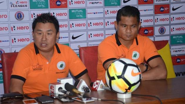 Asked about his future, NEROCA FC coach Gift Raikhan (L) paused before telling the media he would have to consult his wife about it.(AIFF)
