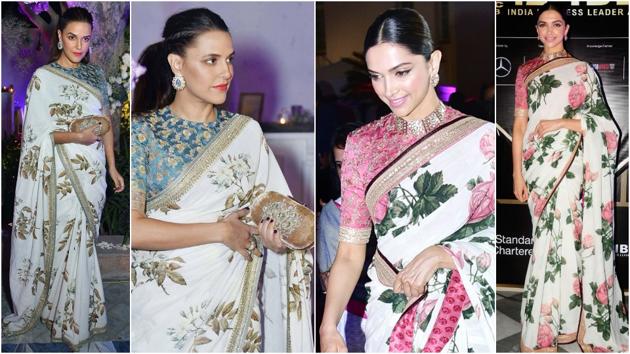 There are many examples of how celebrities style their floral sarees, from actors Neha Dhupia and Deepika Padukone to actors Bipasha Basu and Aditi Rao Hydari.(Instagram)