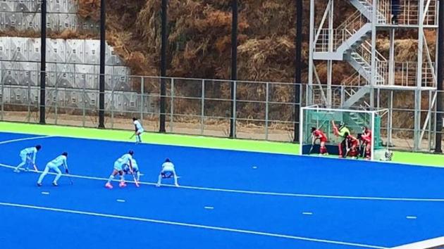 Indian women’s hockey team in action against South Korea at the Jinchun National Athletic Centre on Thursday.(Hockey India)