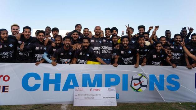 Minerva Punjab FC players celebrate after they beat Churchill Brothers 1-0 in Panchkula on Thursday to win the I-League 2017-18. (AIFF)