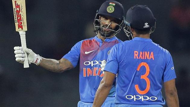 Shikhar Dhawan (L) celebrates after scoring his fifty during the Nidahas Trophy 2018 encounter between India and Bangladesh in Colombo on Thursday. (AP) Shikhar Dhawan (L) celebrates after scoring his fifty during the Nidahas Trophy 2018 encounter between India and Bangladesh in Colombo on Thursday. (AP)