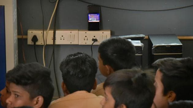 The students at Govt Secondary School in Jaipur lsietn to PM’s speech on Thursday. (Prabhalar Sharma/HT Photo) The students at Govt Secondary School in Jaipur lsietn to PM’s speech on Thursday. (Prabhalar Sharma/HT Photo)