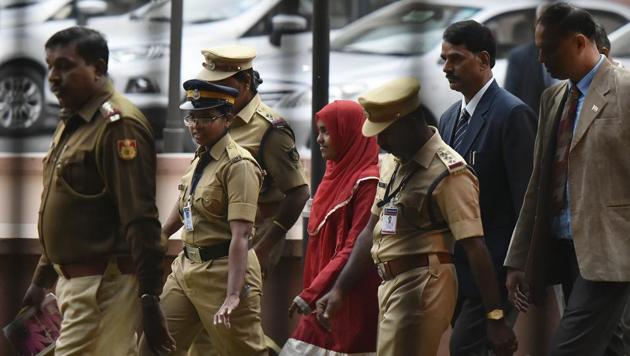 Hadiya outside the Supreme Court after hearing in New Delhi on November 27.(Vipin Kumar/HT File Photo)