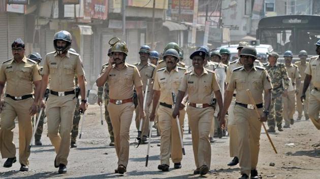Police personnel patrol at Sangli during Bhima-Koregaon violence in Maharashtra in January. (PTI File Photo) Police personnel patrol at Sangli during Bhima-Koregaon violence in Maharashtra in January. (PTI File Photo)