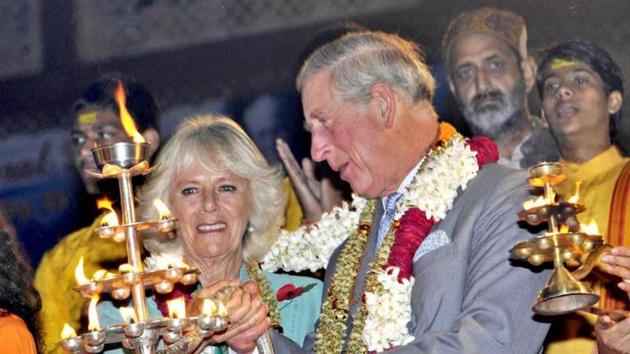 Prince Charles and his wife Camilla Parker Bowles at Rishikesh during their visit to India in 2017. Prince Charles has appointed Indian-origin steel tycoon Sanjeev Gupta as UK skills ambassador .(HT file photo)
