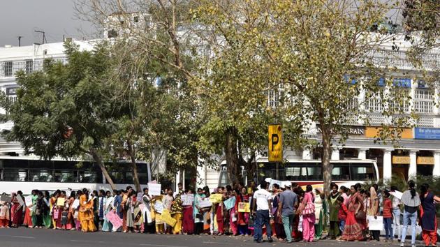 Women participate in the ‘Rape Roko’ campaign on the occasion of International National Women Day organized by Delhi Women commission at Connaught place. The DCW today alleged that its chief Swati Maliwal was manhandled along with other representatives when they were marching towards the Prime Minister’s Office to submit 5.55 lakh letters, which it had received from across India. (Sonu Mehta / HT Photo)