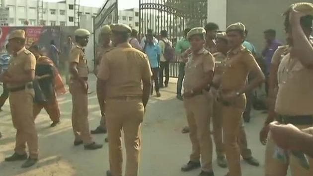 Policemen outside the gate of Meenakshi Academy of Higher Education and Research in Chennai on Friday.(ANI Twitter)