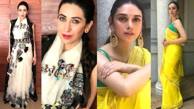 Ready to wear the coolest contemporary saree at the next wedding you attend? Let actors Karisma Kapoor and Aditi Rao Hydari inspire you with their summery looks.(Instagram)