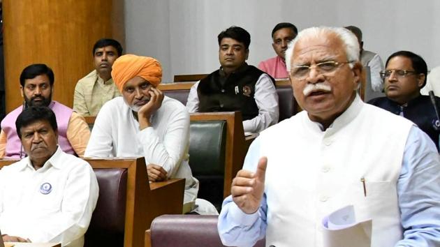 Haryana chief minister Manohar Lal Khattar speaking in the state assembly on Thursday. (HT Photo) Haryana chief minister Manohar Lal Khattar speaking in the state assembly on Thursday. (HT Photo)